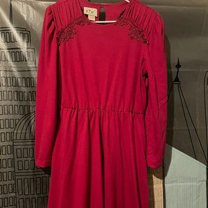 80's Wine Colored Long Sleeved Dress With Ruched Embroidered Shoulders